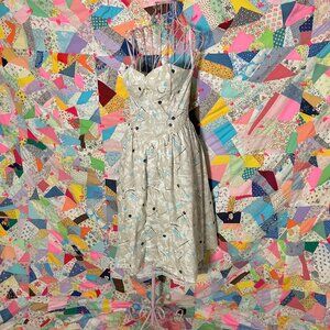 80s vintage  abstract print cotton dress Nicki's Girl  strapless boned lace |25"